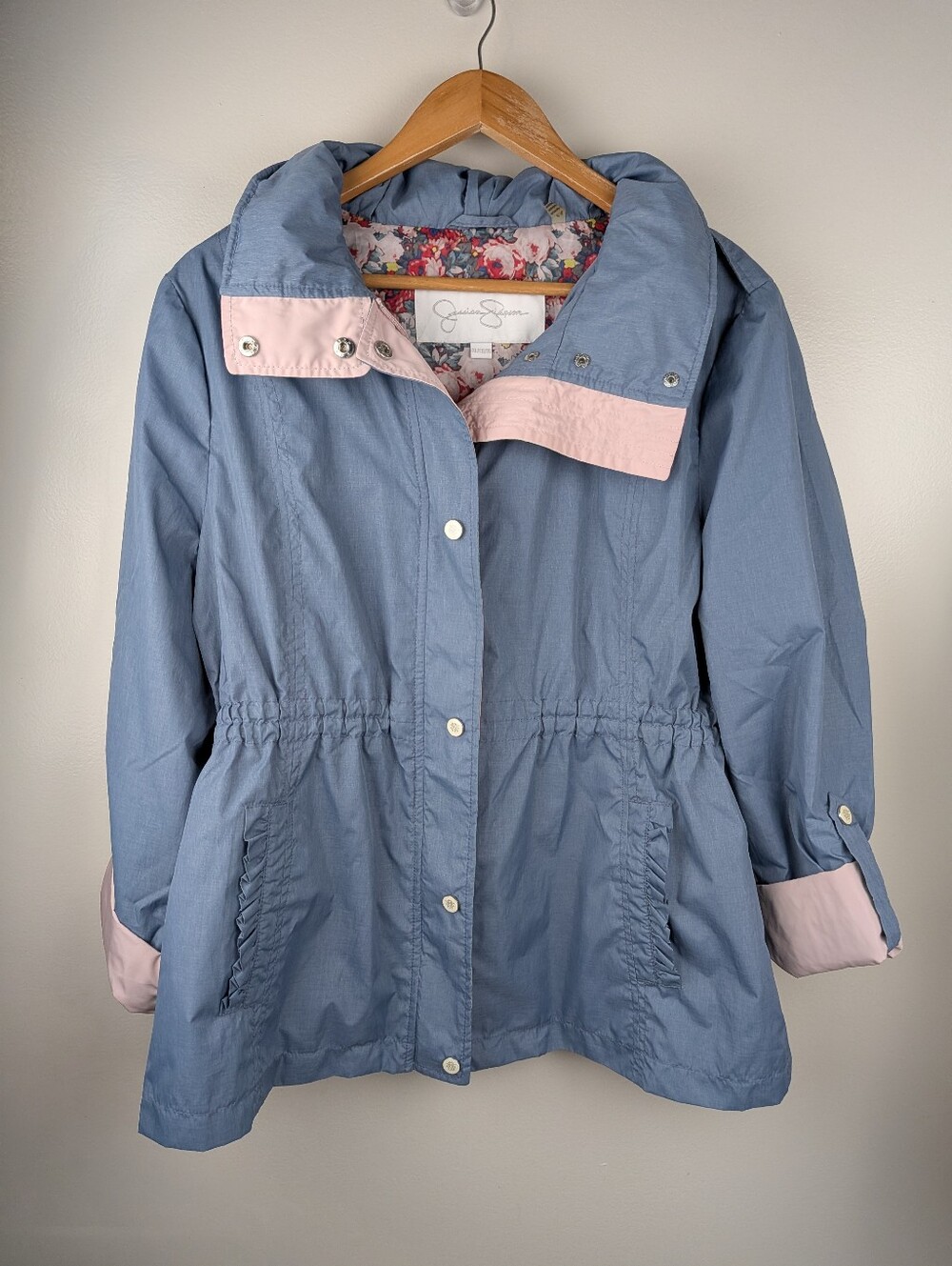 Jessica Simpson Blue Chambray Rose Anorak Zip Button Jacket Hidden Hood XL